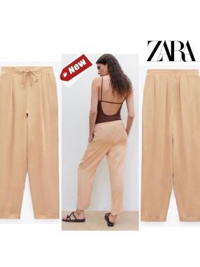 ZARA beige pink satin pyjama pants Sz L NWT